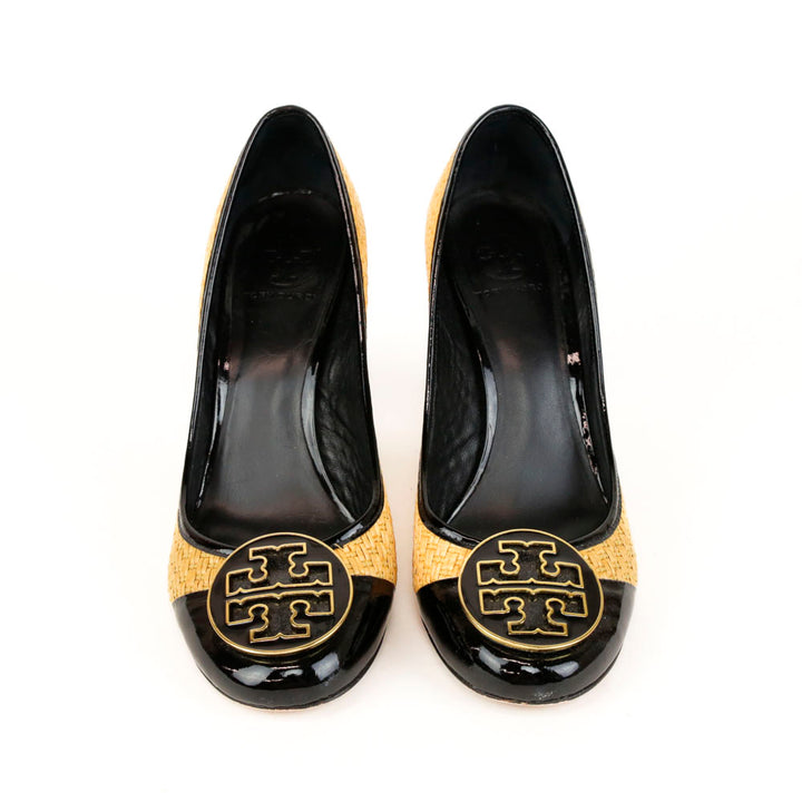 Tory Burch Anna Black Patent Leather & Straw Pumps