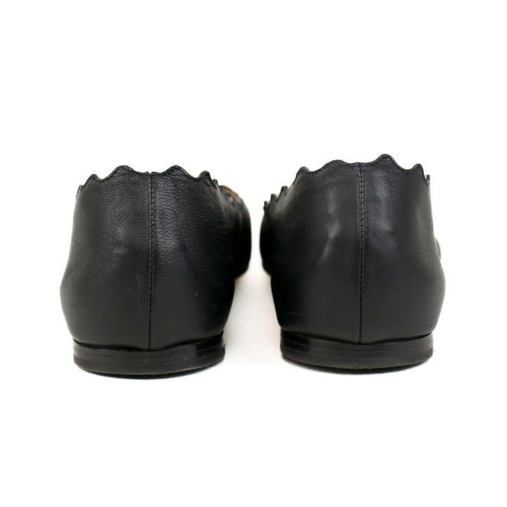 Chloe Lauren Black Leather Scalloped Ballet Flats