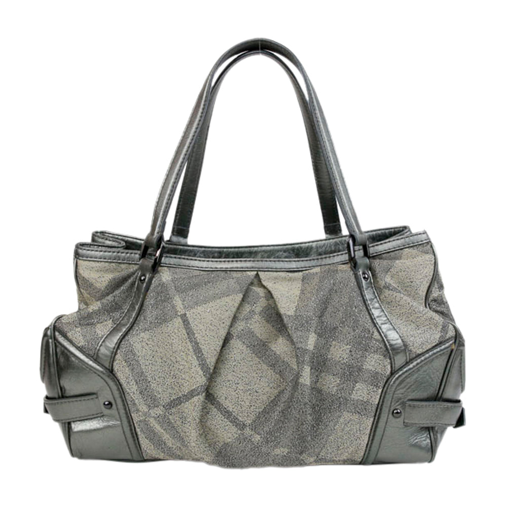 Burberry Gray Leather & Shimmer Nova Check Canvas Tote Bag