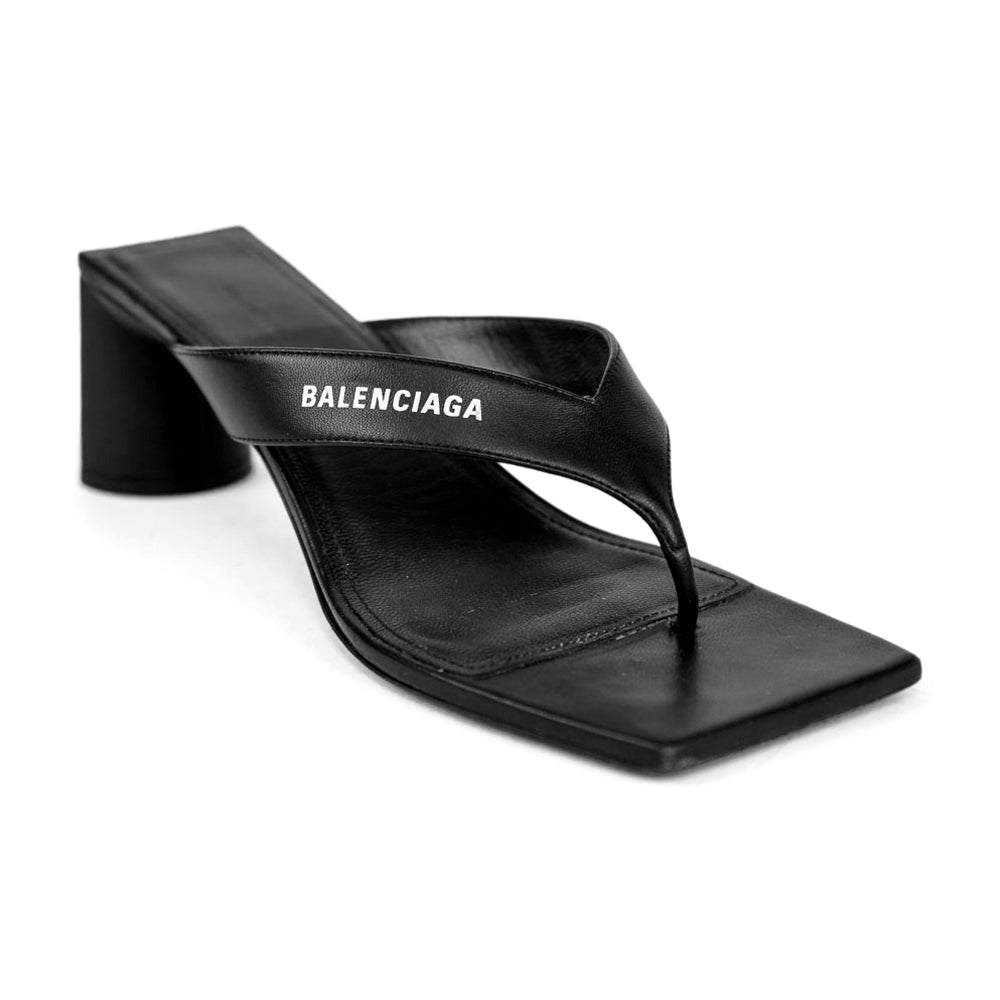 Balenciaga Black Leather Square Toe Thong Sandals