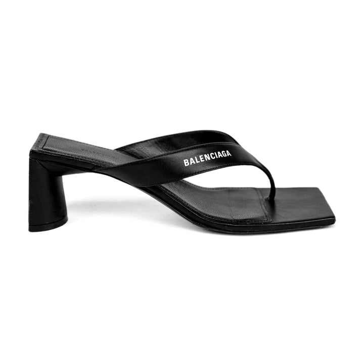 Balenciaga Black Leather Square Toe Thong Sandals