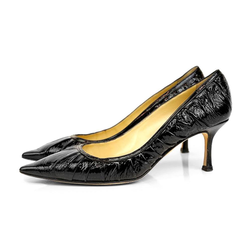 Jimmy Choo Black Patent Leather Ruched Pumps