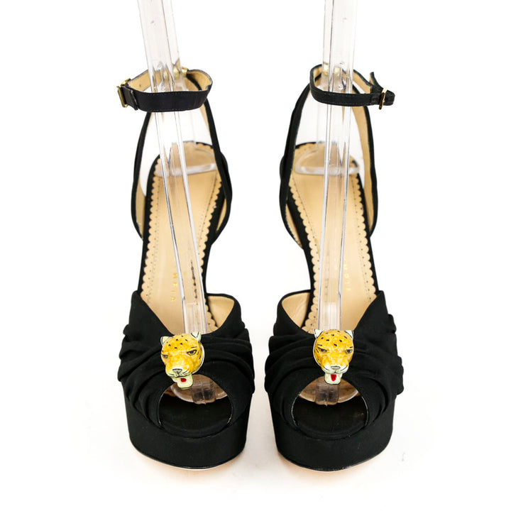 Charlotte Olympia Black Crepe De Chine Bruce Leopard Sandals