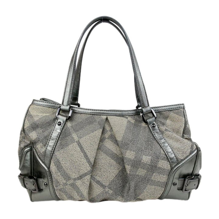 Burberry Gray Leather & Shimmer Nova Check Canvas Tote Bag