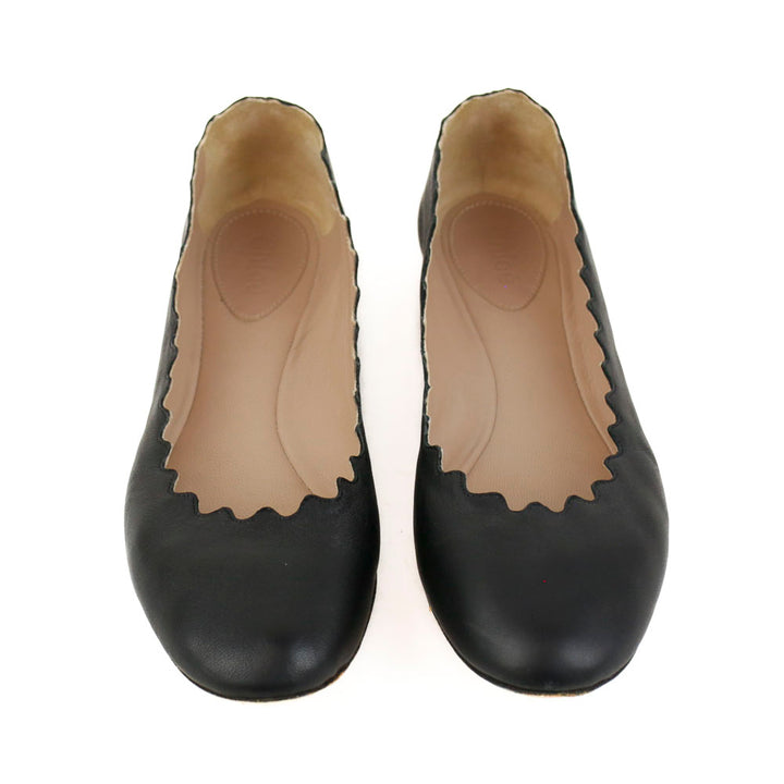 Chloe Lauren Black Leather Scalloped Ballet Flats