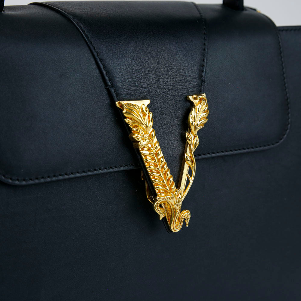 Versace Black Leather Virtus Top Handle Bag