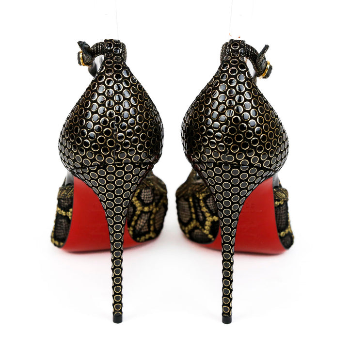 Christian Louboutin Black & Gold Pointed Toe Leather & Mesh Pumps