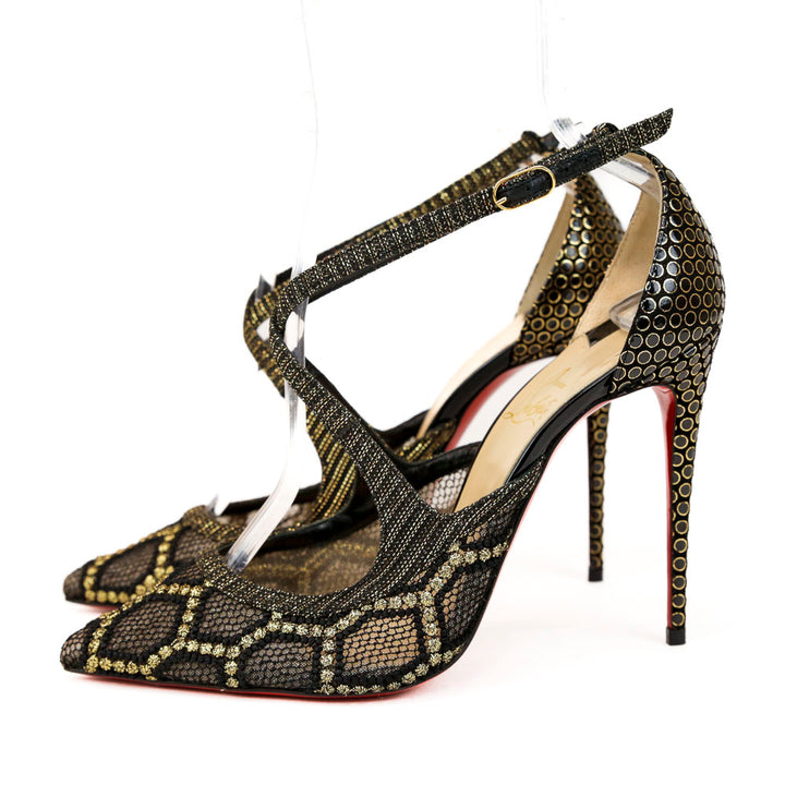Christian Louboutin Black & Gold Pointed Toe Leather & Mesh Pumps