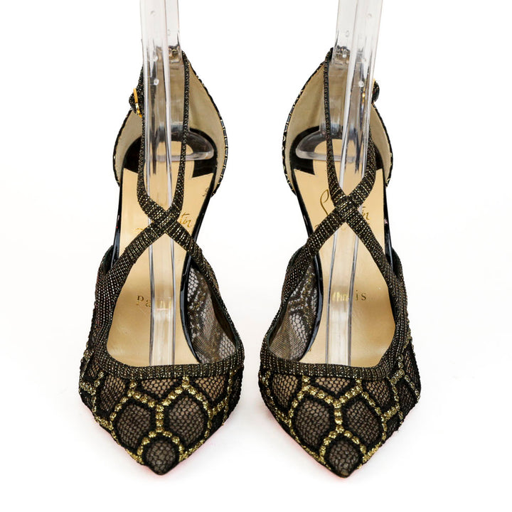 Christian Louboutin Black & Gold Pointed Toe Leather & Mesh Pumps