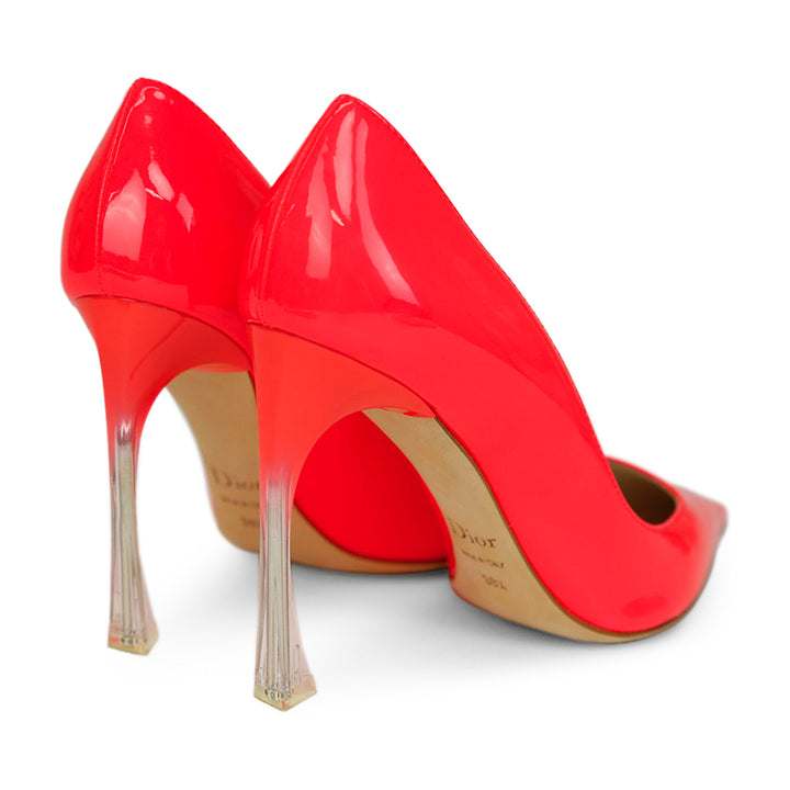Christian Dior Neon Coral Patent Leather Lucite Heel Pumps