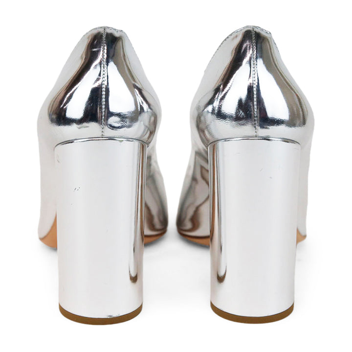 Prada Metallic Silver Leather Block Heel Pumps