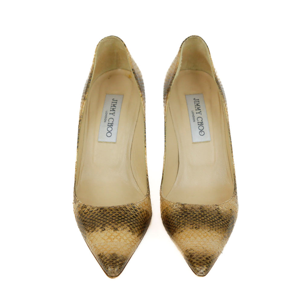 Jimmy Choo Beige Snake Embossed Leather Point Toe Pumps