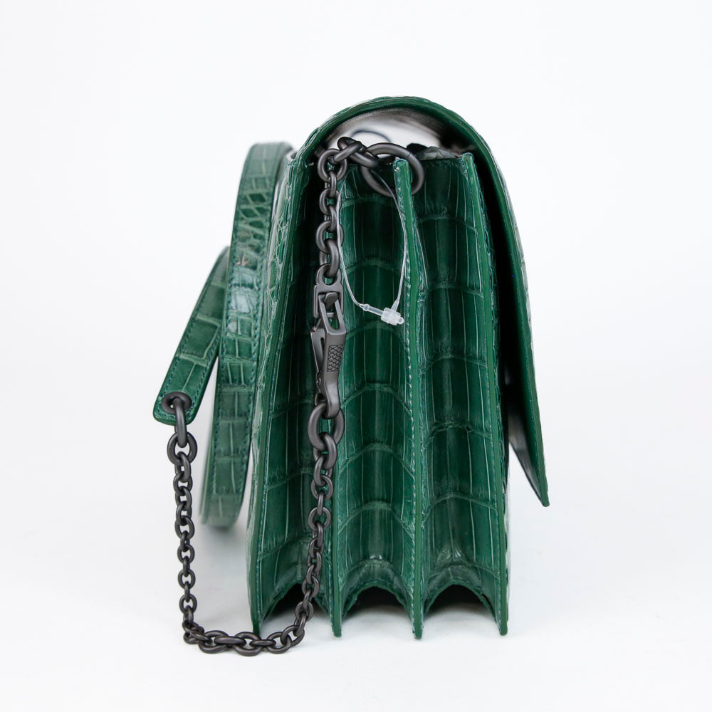 Bottega Veneta Green Crocodile Flap Top Accordion Bag