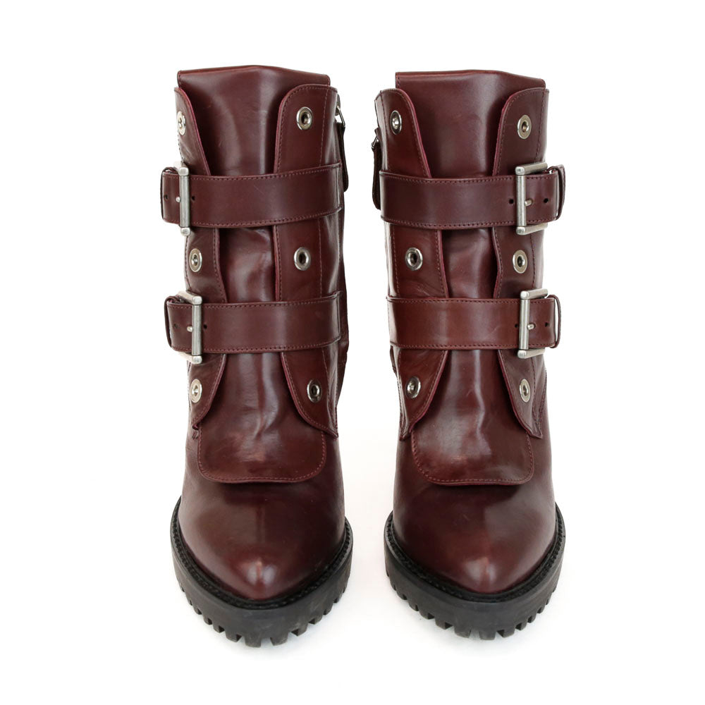 Alexander McQueen Bordeaux Leather Buckle Ankle Boots