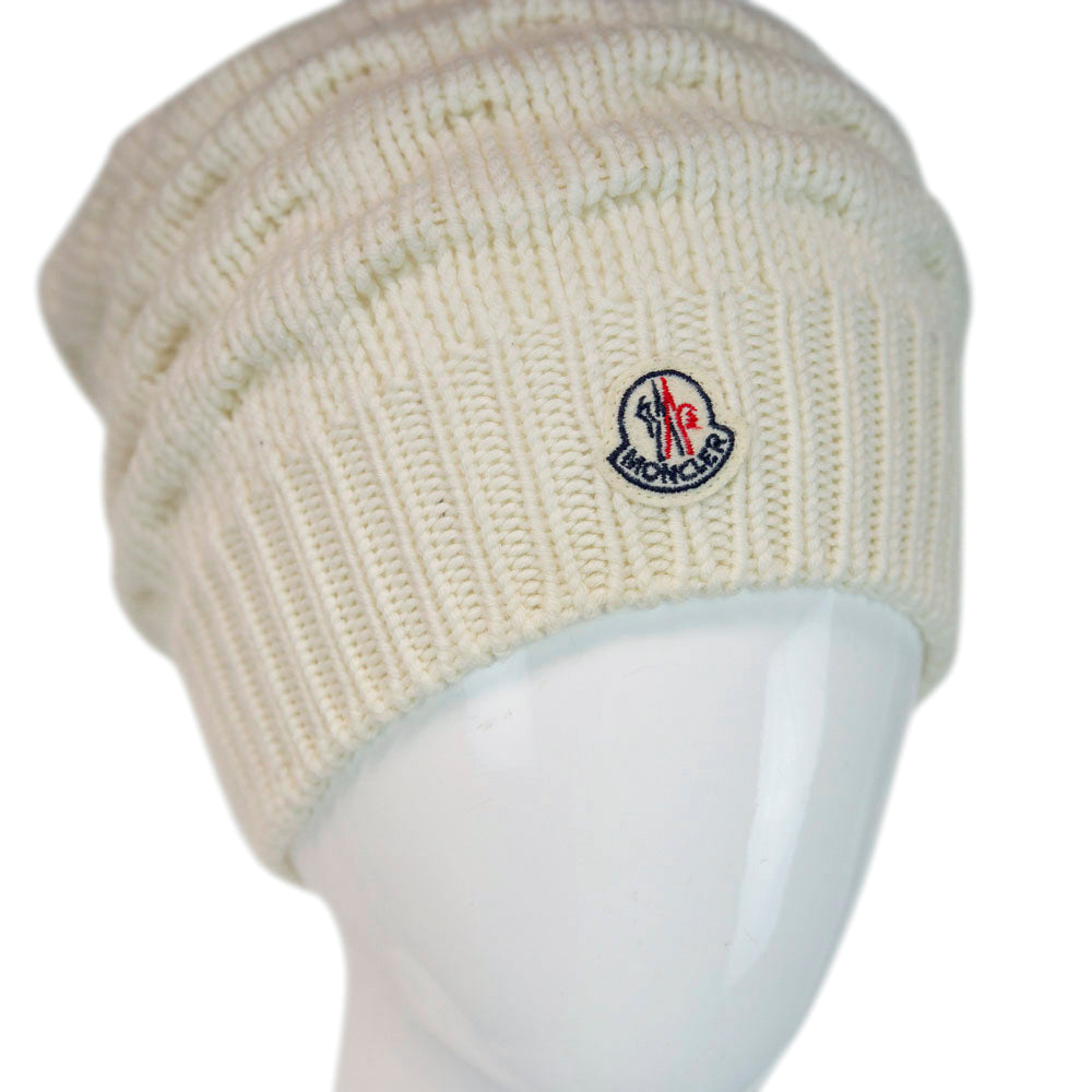 Moncler White Wool Knit Slouchy Beanie