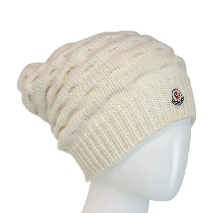 Moncler White Wool Knit Slouchy Beanie