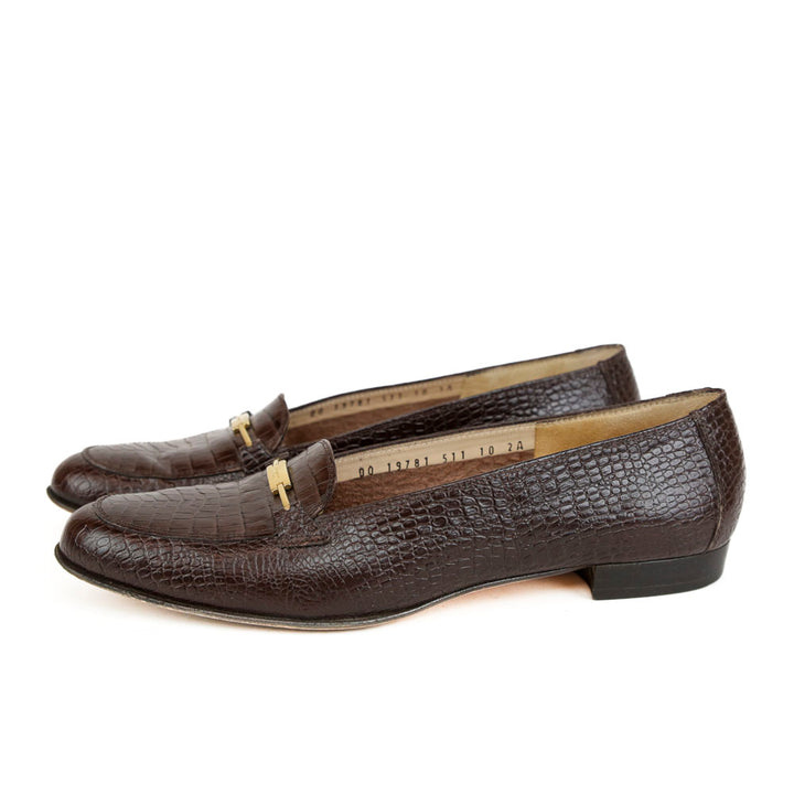 Salvatore Ferragamo Brown Croc Embossed Leather Vintage Loafers