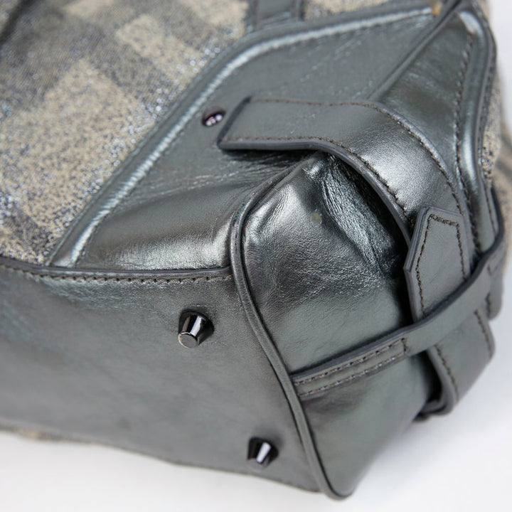 Burberry Gray Leather & Shimmer Nova Check Canvas Tote Bag