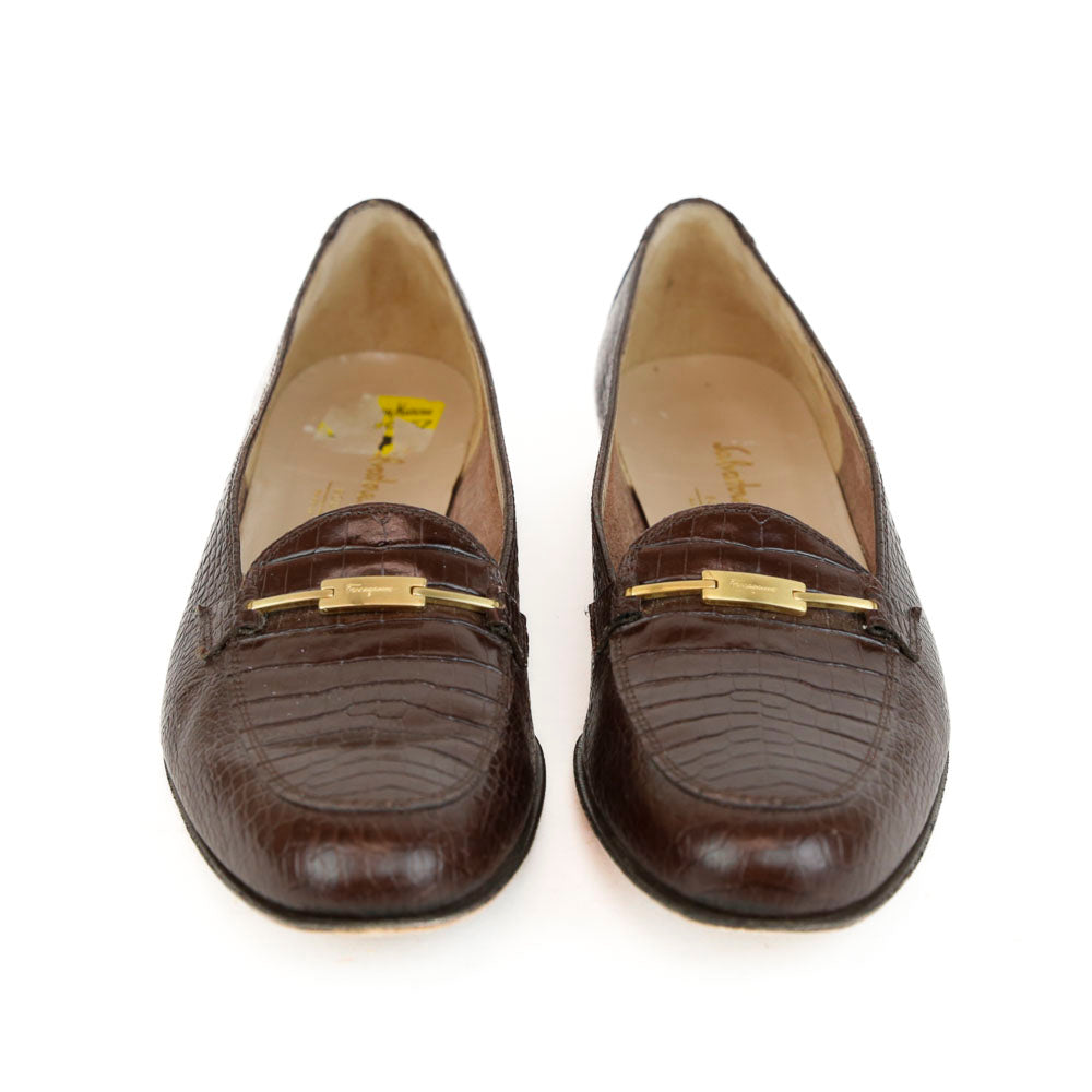 Salvatore Ferragamo Brown Croc Embossed Leather Vintage Loafers