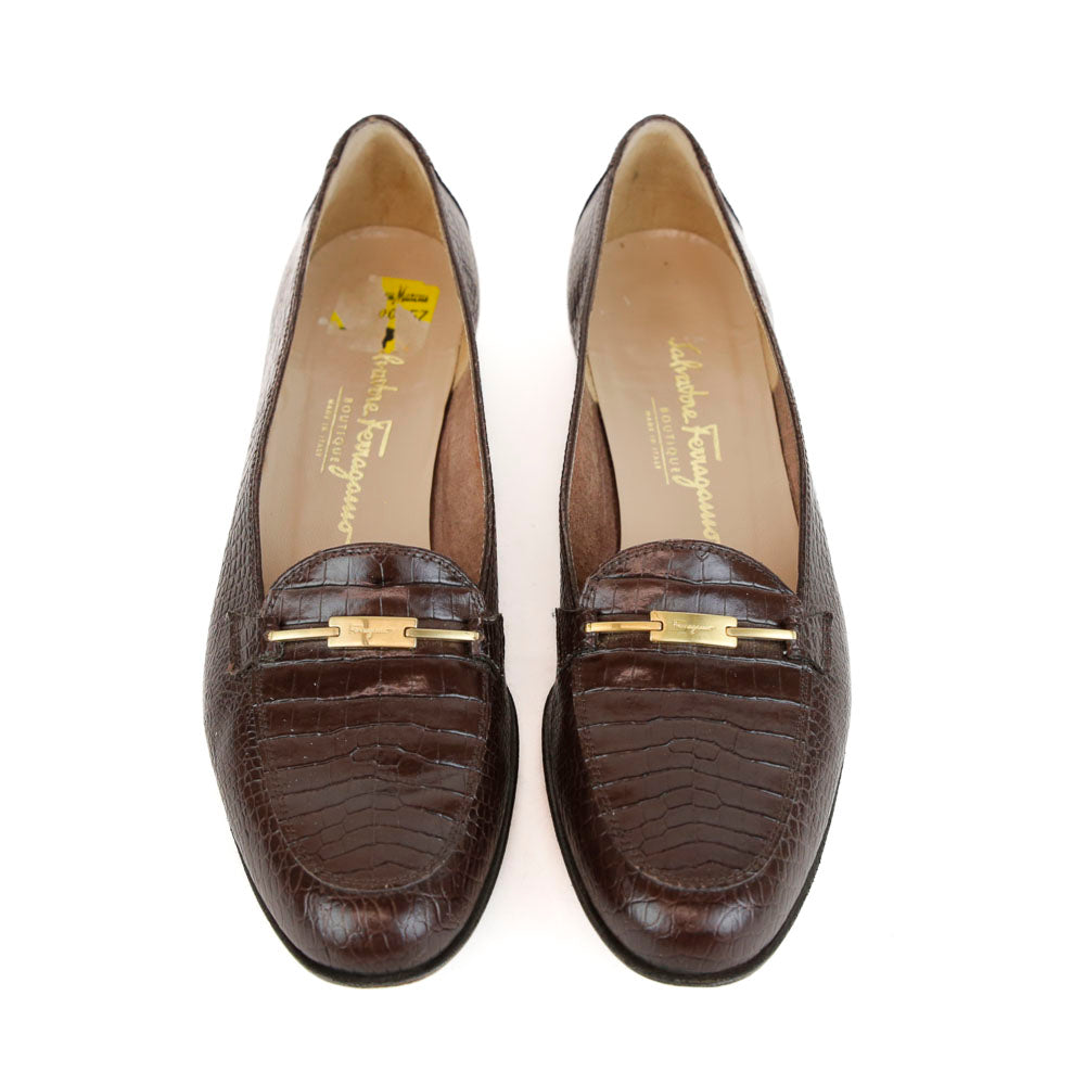 Salvatore Ferragamo Brown Croc Embossed Leather Vintage Loafers
