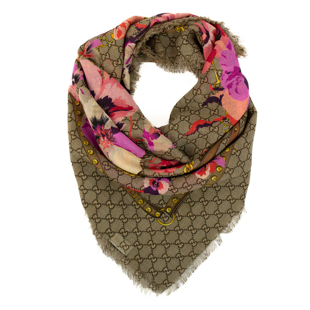 Gucci Beige GG Monogram & Floral Print Wool Scarf