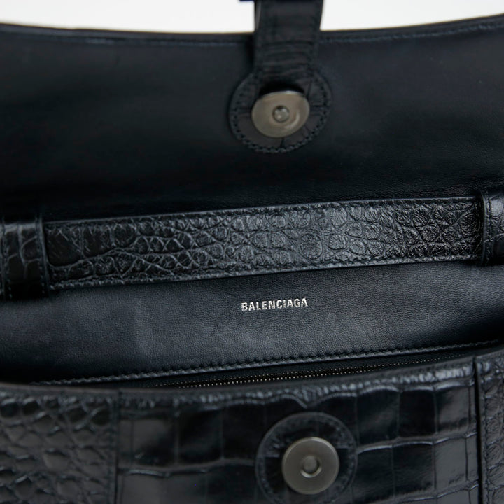 Balenciaga Downtown XS Black Croc Embossed Shoulder Bag