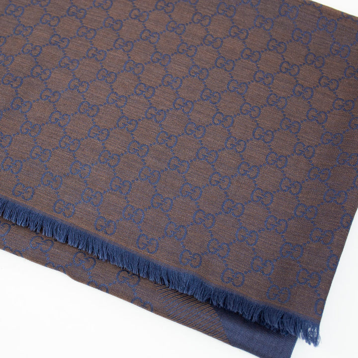 Gucci Blue & Taupe GG Monogram Wool & Silk Scarf