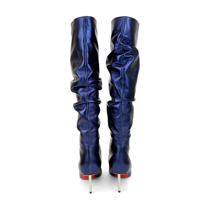 Christian Louboutin Metallic Blue Leather Ruched Knee High Boots