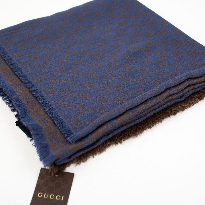 Gucci Blue & Taupe GG Monogram Wool & Silk Scarf