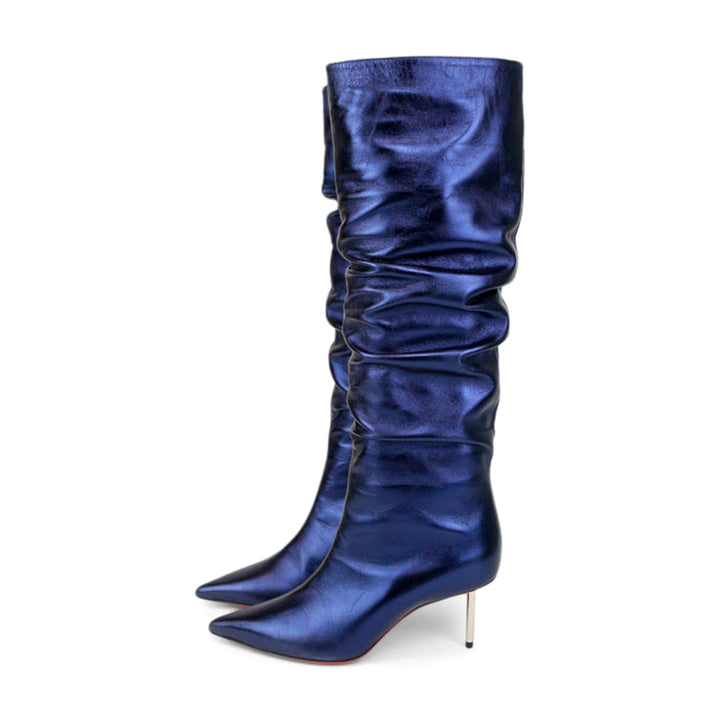 Christian Louboutin Metallic Blue Leather Ruched Knee High Boots