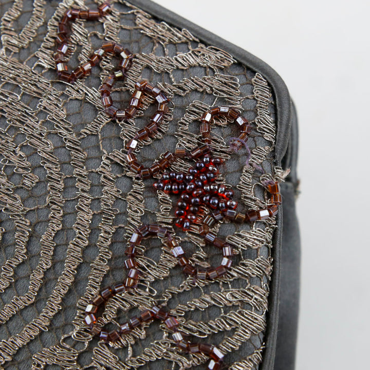 Judith Leiber Gray Satin & Lace Embellished Evening Clutch Bag