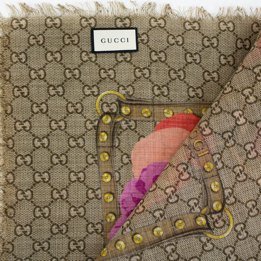 Gucci Beige GG Monogram & Floral Print Wool Scarf