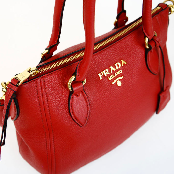 Prada Red Pebbled Leather Convertible Zip Tote Bag