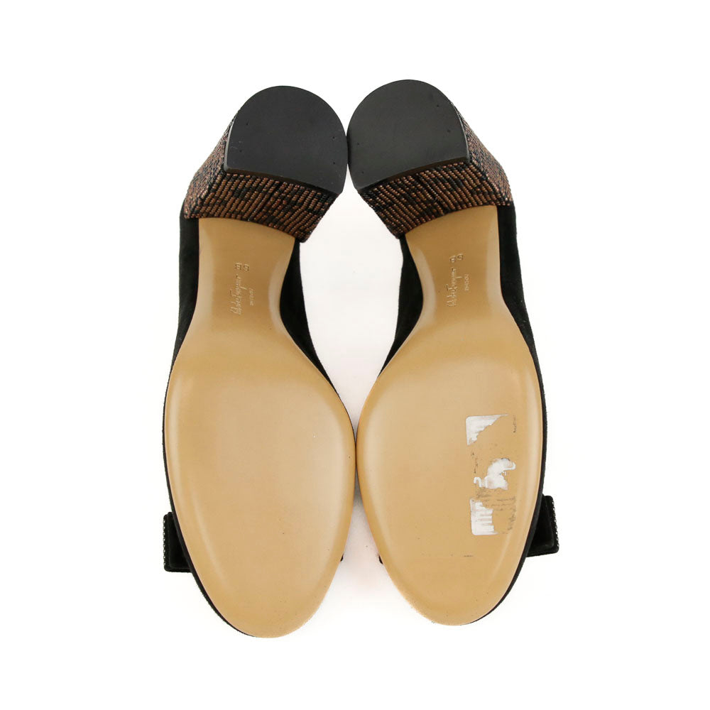 Salvatore Ferragamo Black Suede Vara Bow Studded Heel Pumps
