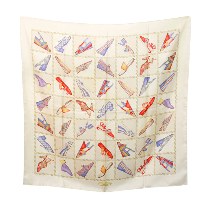 Salvatore Ferragamo Cream Sandal Print Silk Square Scarf
