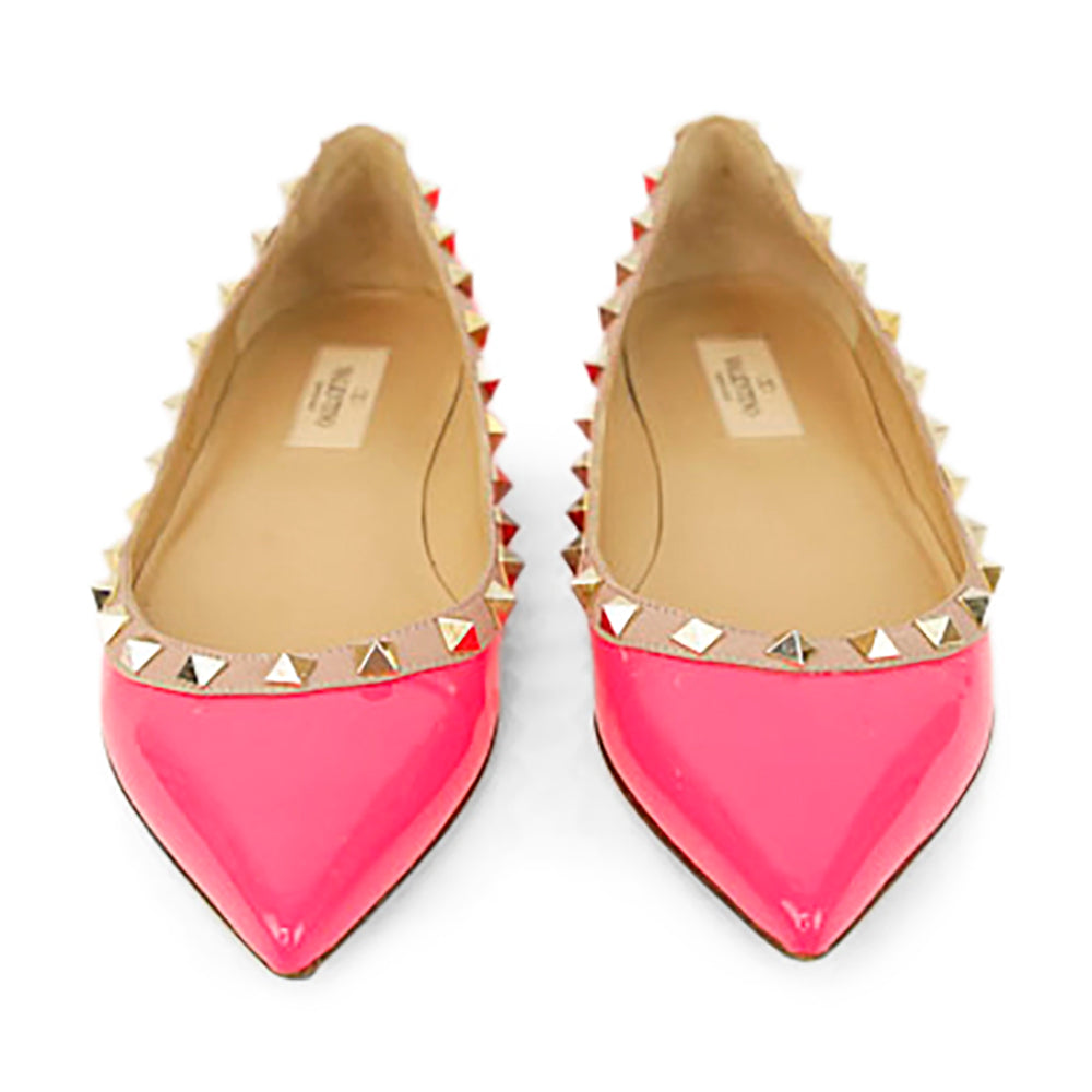 Valentino Neon Pink Patent Leather Rockstud Ballet Flats
