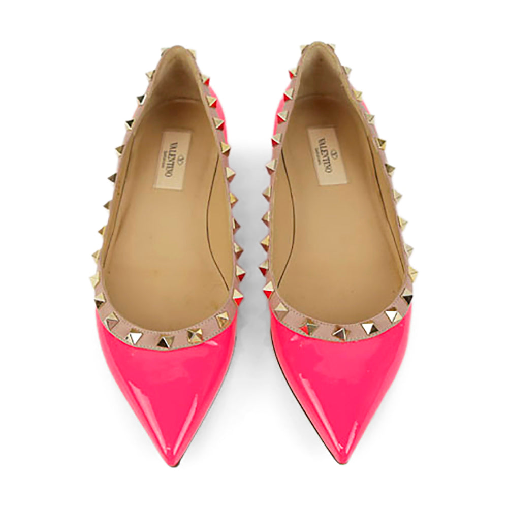 Valentino Neon Pink Patent Leather Rockstud Ballet Flats