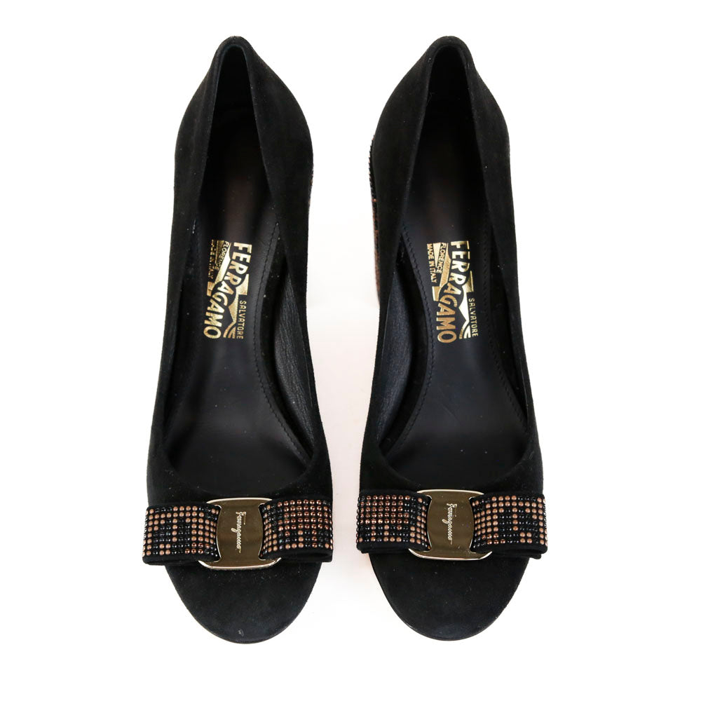 Salvatore Ferragamo Black Suede Vara Bow Studded Heel Pumps
