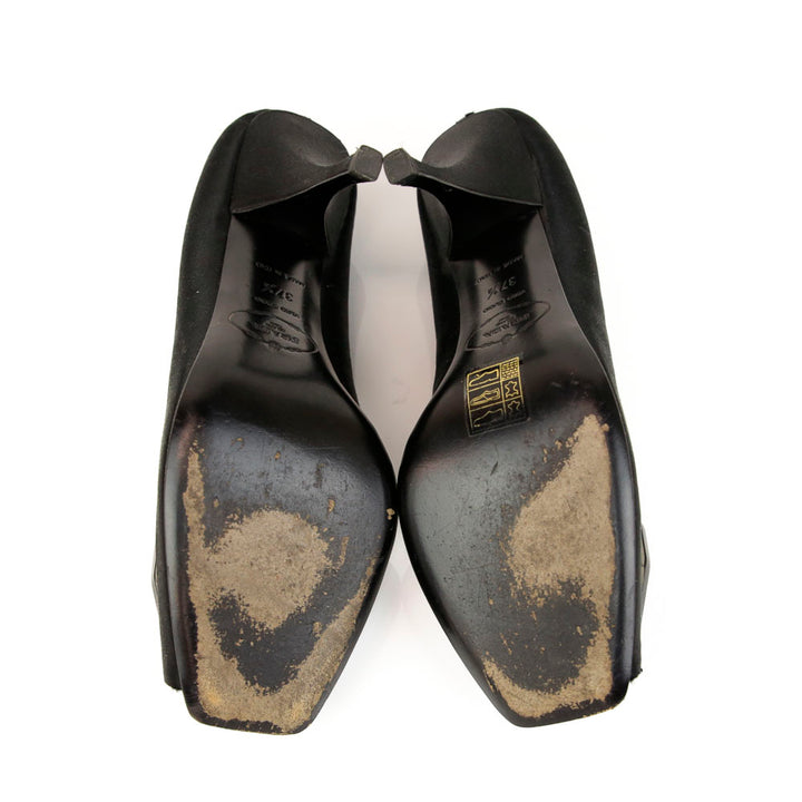Prada Black Satin Embellished Buckle Pumps