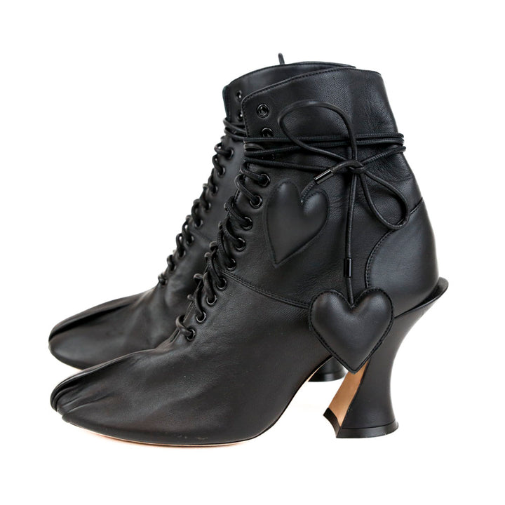 Lanvin Black Leather Lace Up Heart Ankle Boots