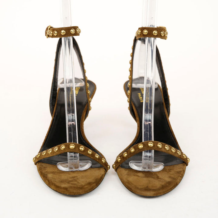 Saint Laurent Kiki Brown Suede Studded Kitten Heel Sandals