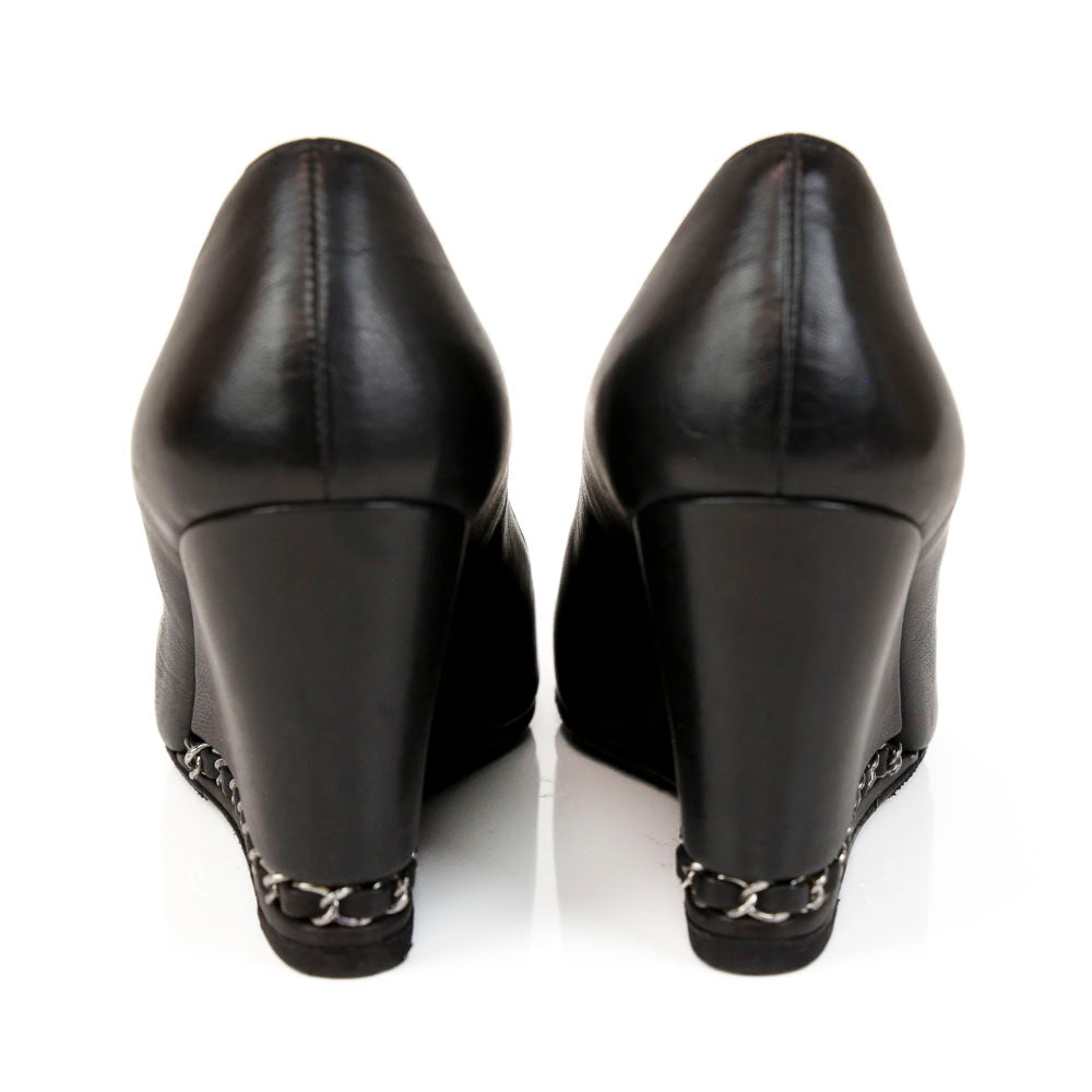 Chanel Black Leather Pointed Toe Chain Wedge Pumps