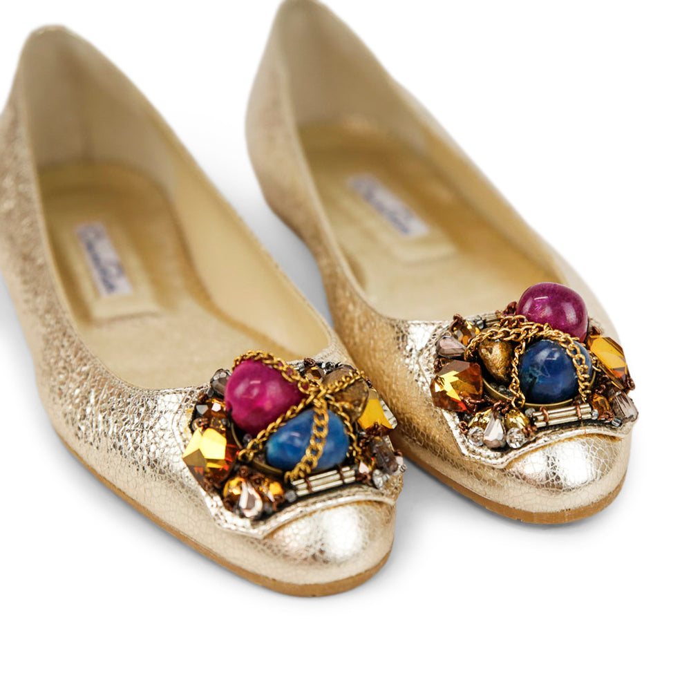 Oscar De La Renta Metallic Gold Leather Embellished Ballet Flats