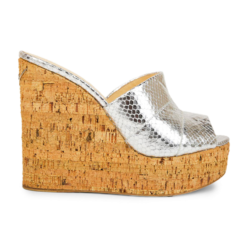 Giuseppe Zanotti Metallic Silver Embossed Leather Cork Wedges