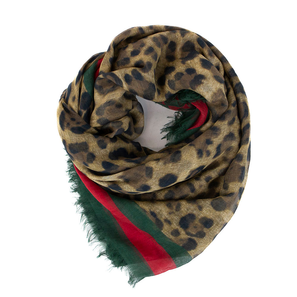 Gucci Leopard Print Web Trim Silk Blend Scarf