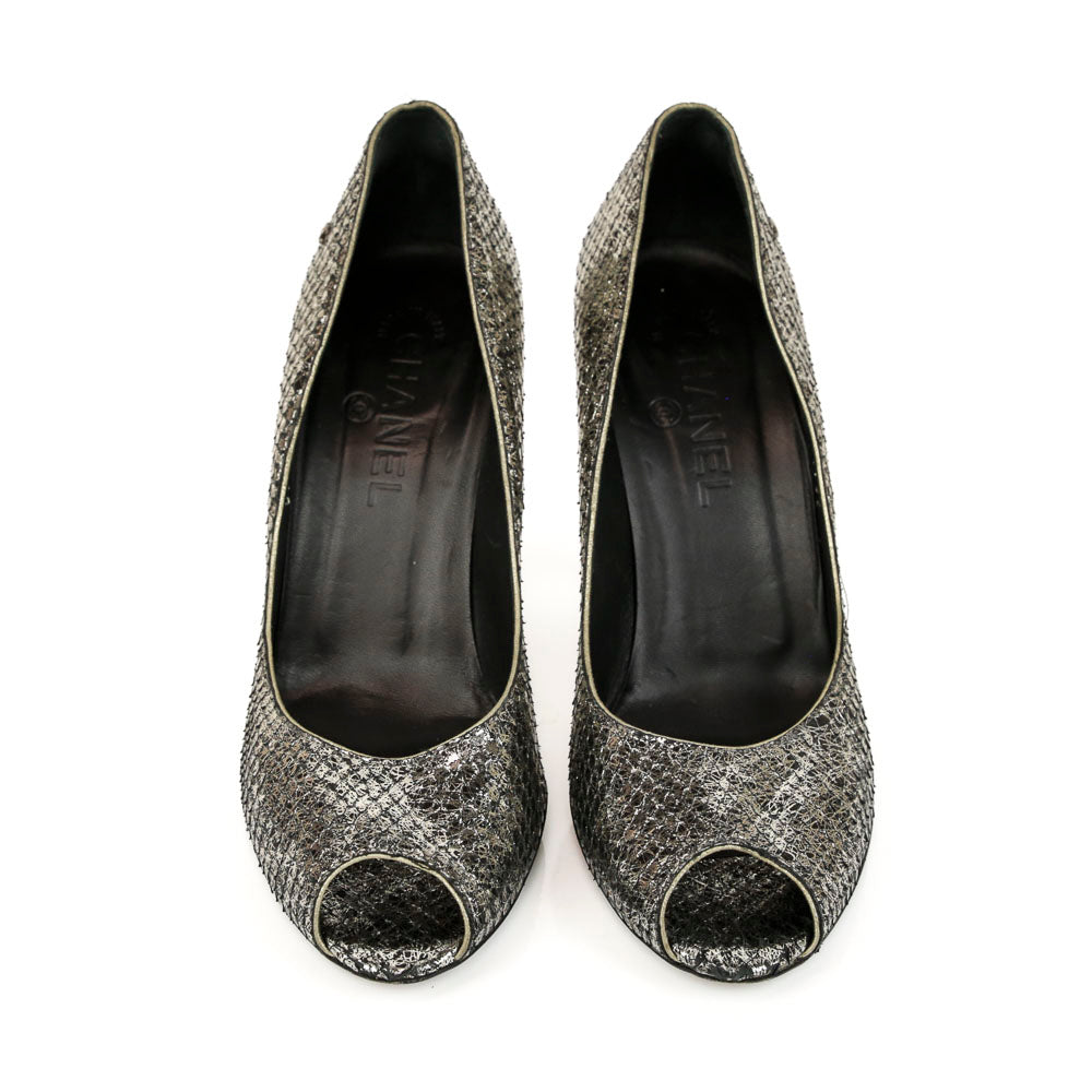 Chanel Metallic Snakeskin Leather Peep Toe Pumps