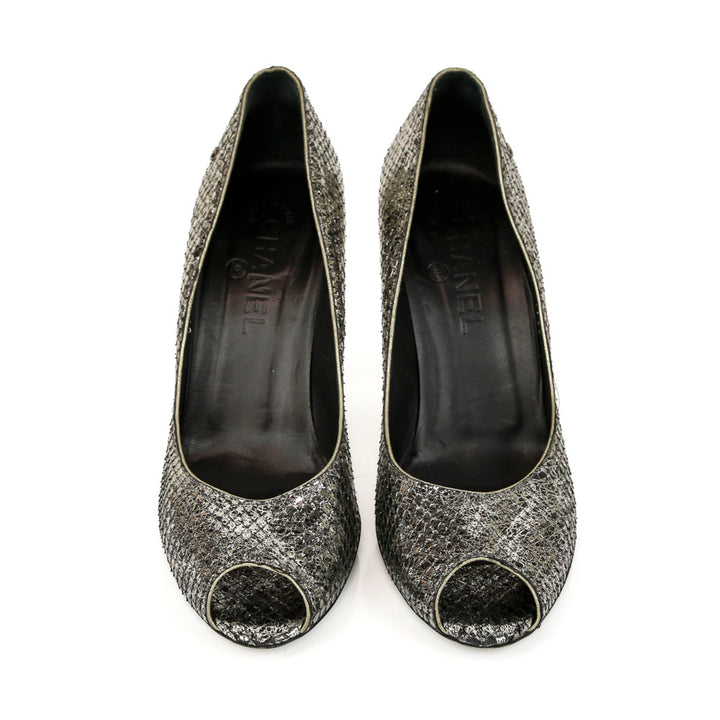 Chanel Metallic Snakeskin Leather Peep Toe Pumps