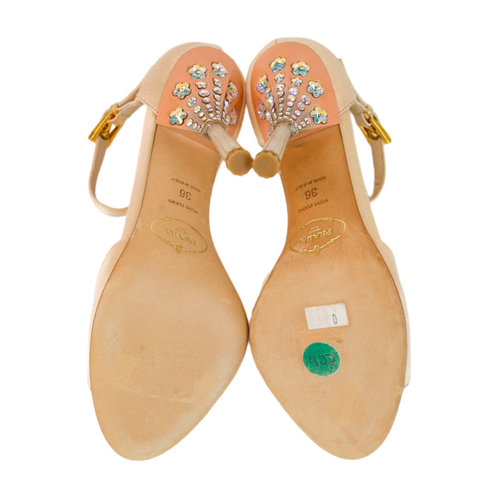 Prada Blush Satin Crystal Heel Ankle Strap Sandals