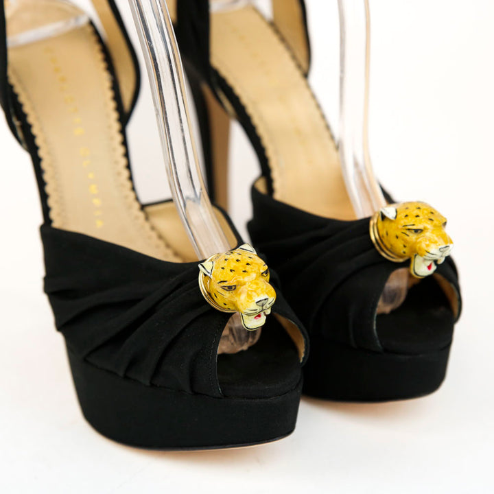 Charlotte Olympia Black Crepe De Chine Bruce Leopard Sandals