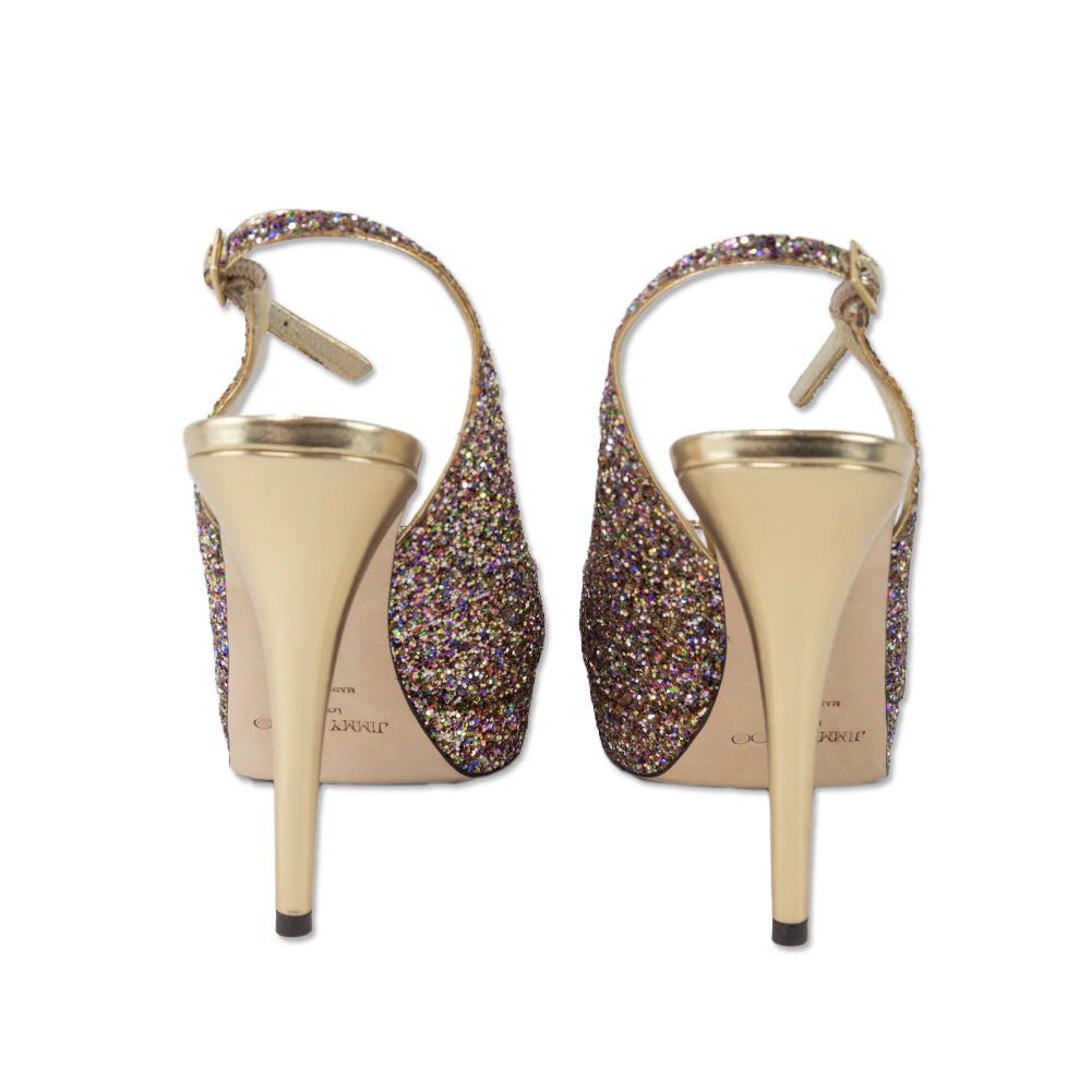 Jimmy Choo Clue Golden Multicolor Glitter Slingback Platform Pumps